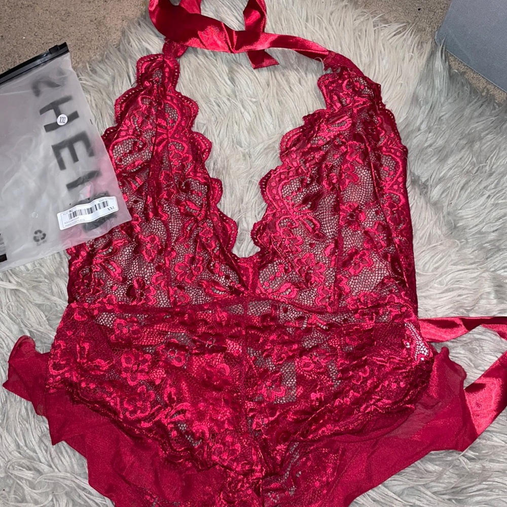 Floral Lace Plunging Red Teddy Halter